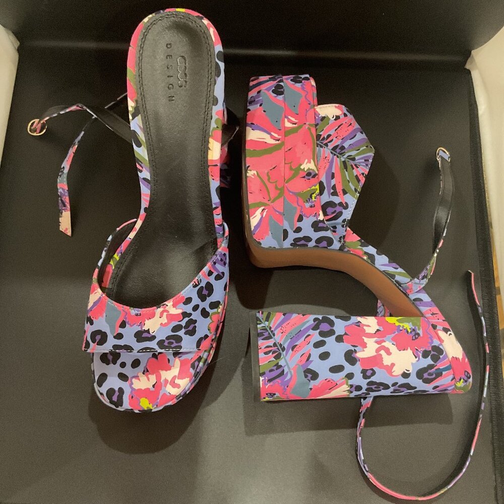 ASOS Pink/Purple Leopard Floral Open Toe Platform Heel – Bold & Comfortable